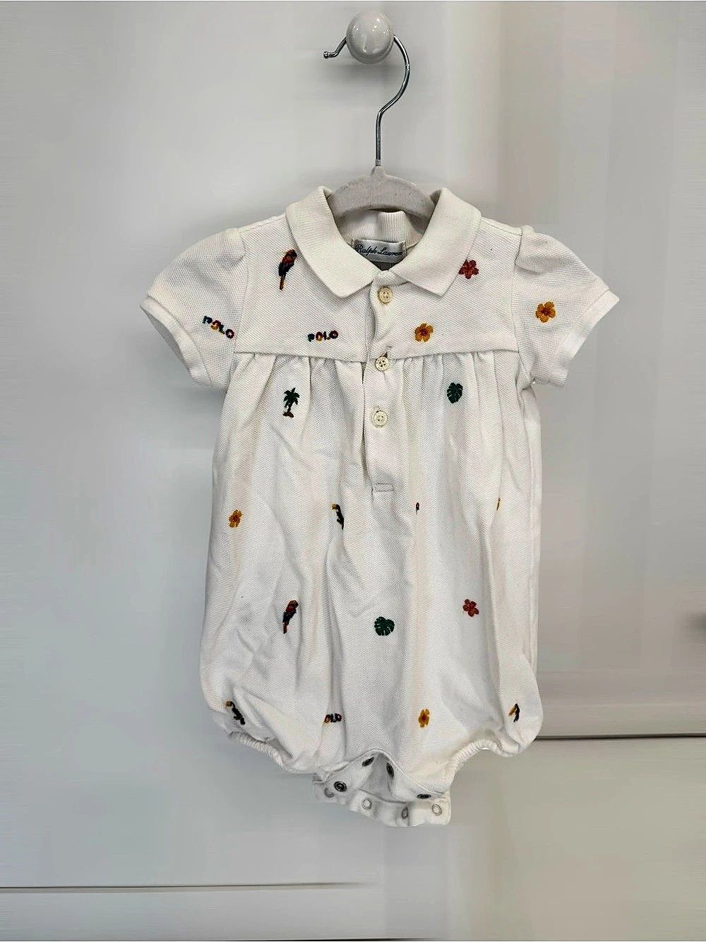 Ralph Lauren Baby Girl Tropical-Embroidery Mesh Polo Shortall White 6M